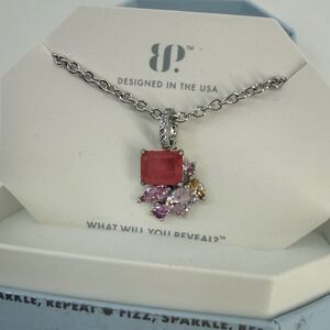 Bomb Party "Celestial Array" Necklace Rose Quartz Smokey Topaz Rhodium 18 in